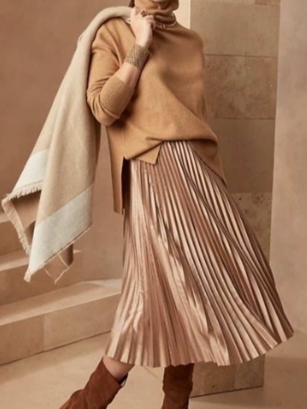 NEW Banana Republic Factory Brown Metallic Pleated Preppy Pull On Midi Skirt S